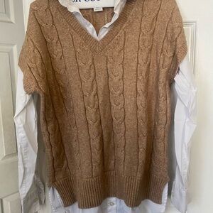Rachel Zoe  tan color sweater with white cotton sleeve  shirt tailcollar size M